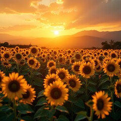 Obraz premium Yellow sunflowers against the sunset