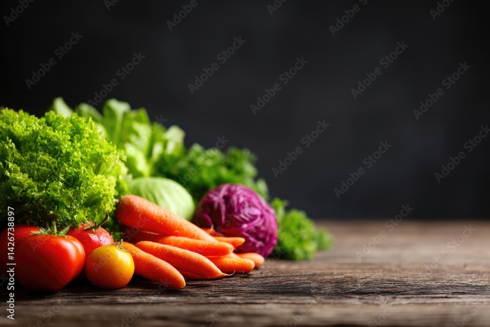 Poster close-up of fresh vegetables neatly arranged on rustic wooden counter minimalistic and inviting offe
