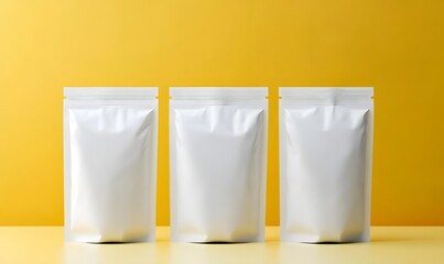 Three Blank White Pouches: Three pristine white stand-up pouches stand in a row against a vibrant yellow background, providing a clean and modern template for product packaging design. 