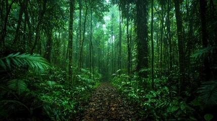 Lush rainforest path, misty, green, dense forest