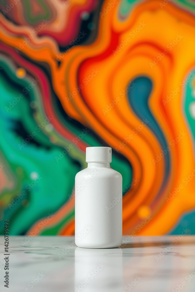 Poster white bottle sits on table. colorful paint swirls in the background. container waits to be filled. b