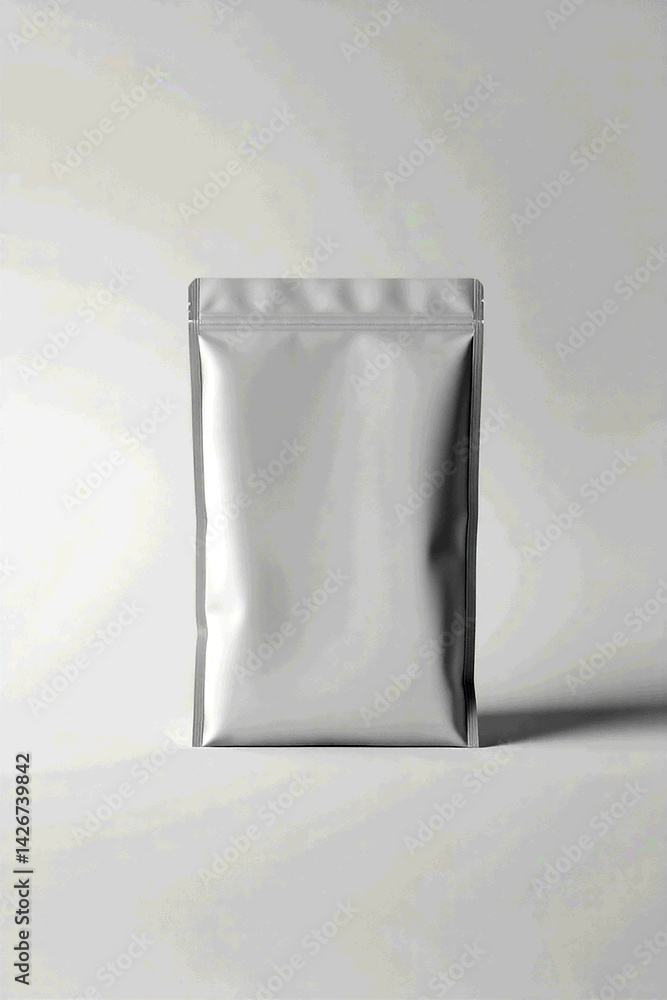Aufkleber silver pouch stands on plain surface. clean packaging of food or product. container is simple and me