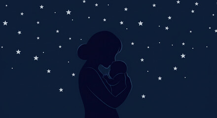 Obraz premium Mother s Love Under Night Sky Silhouette of a Woman Gently Holding her Baby