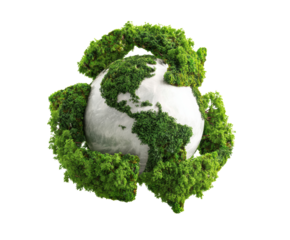 Green planet with recycling symbol made of lush vegetation
