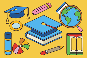 Education and learning flat design vector illustration with books globe and graduation cap
