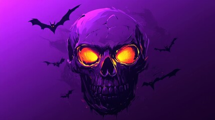 Skull with glowing eyes and bats on a purple background. Halloween concept.