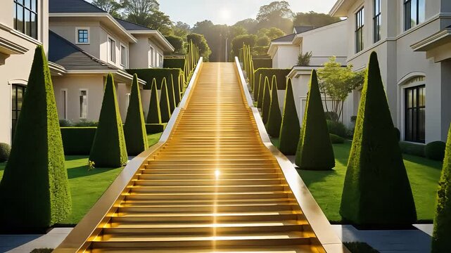 Golden staircase leading through a beautifully landscaped garden towards luxury homes, with perfectly manicured topiary trees

