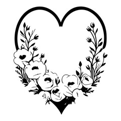 Floral Heart Wreath Black and White Illustration
