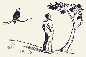 Contemplative man observes an eagle perched in nature in an illustrated style