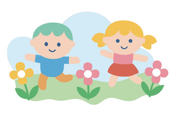 Vector Art – Children Running Through Wildflowers with Soft Breeze and Dreamy Background