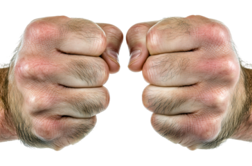 Two clenched fists with knuckles fingers and hairs Confrontation isolated on png transparent background