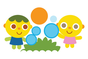 Vector Art – Kids Playing with Soap Bubbles in Garden with Sunlight and Greenery