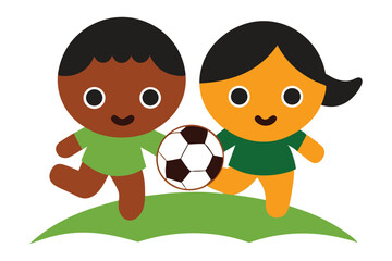 Sunset Football Fun – Kids Playing on Grassy Field | Vector Illustration