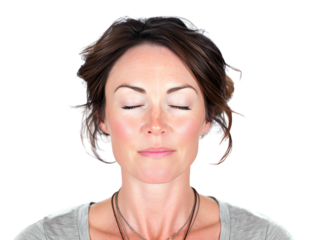 woman meditating with eyes closed finding peace and mindfulness in tranquil state isolated on png transparent background