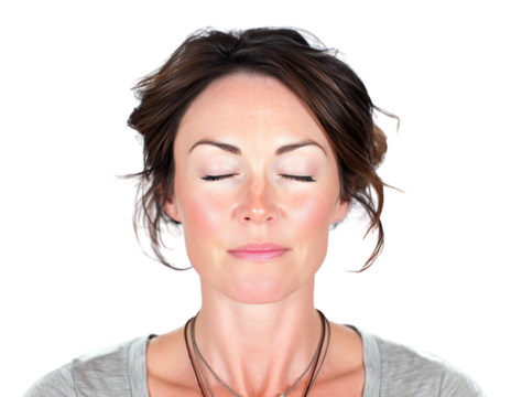 woman meditating with eyes closed finding peace and mindfulness in tranquil state isolated on png transparent background