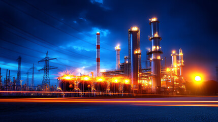 A stunning night view of a modern industrial complex, showcasing vibrant lights and towering structures against a dramatic sky.