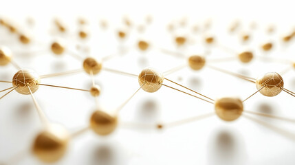 Interconnected golden spheres linked by thin lines create a network on a white backdrop with blurred depth