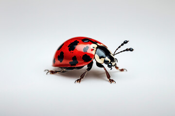 Fototapeta premium A vibrant ladybug, a tiny jewel of nature, showcasing its striking red and black shell against a clean white background.