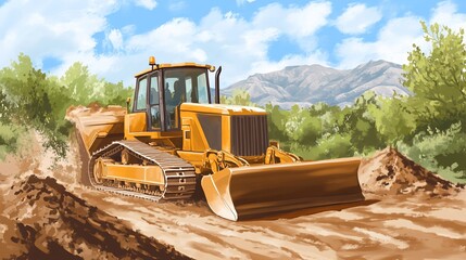 Illustration of a bulldozer leveling ground, construction and land clearing scene