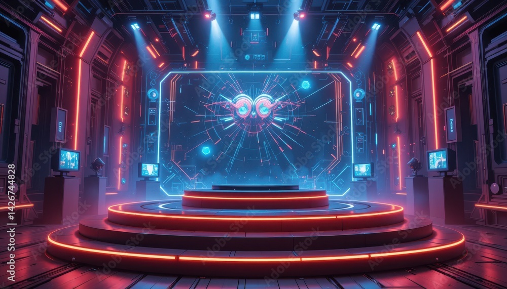 Poster futuristic stage platform with neon lights and abstract display