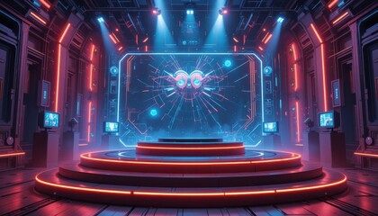 Futuristic Stage Platform with Neon Lights and Abstract Display