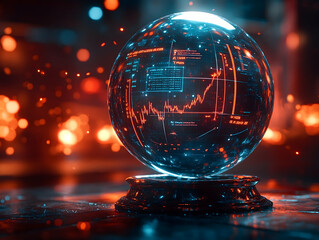 A futuristic crystal ball displays digital graphs and text lit by orange and blue lights