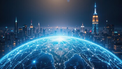 Networked Globe Over Cityscape Futuristic Communication