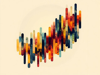 Abstract composition of multicolored textured vertical bars on a light beige background with circular gradient effect