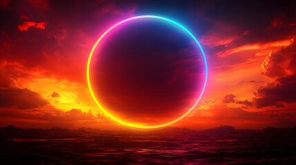 A vibrant ring glows above a dark ocean beneath a fiery sky