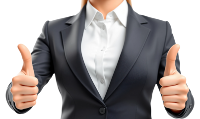 3d woman in business attire giving double thumbs up symbolizing approval and positivity isolated on png transparent background