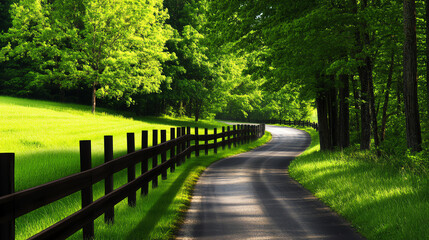 A tranquil winding road lined with lush green trees and serene grass, inviting peaceful reflection and relaxation in nature's embrace.