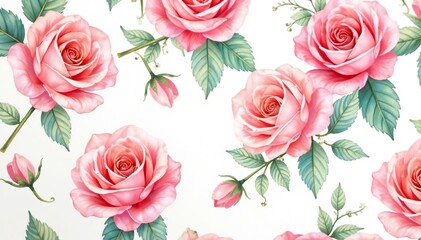 Delicate watercolor roses repeat in a soft, pastel pattern , pastel, art