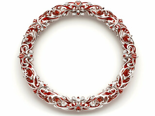 Obraz premium Ornate circular frame silver filigree with red accents gems scattered