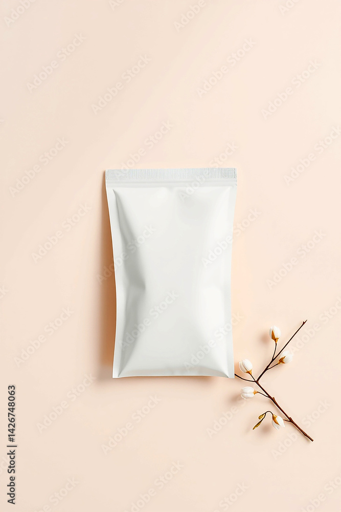 Poster white pouch lies on a pink surface with a thin branch. package displays empty label and simple prese