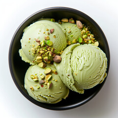 Flat Lay of Pistachio Ice Cream Scoops with Crushed Nuts &ndash; Black Bowl on White Background