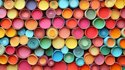 A vibrant collection of rolled paper in varying hues is tightly packed creating an eye-catching display