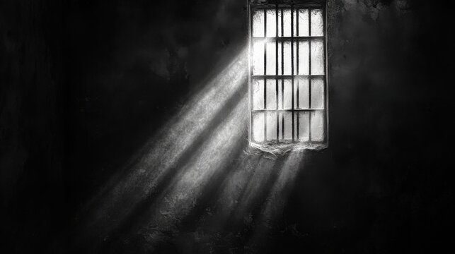 Light beam breaking through a barred window, revealing the rugged simplicity of a prison cell 