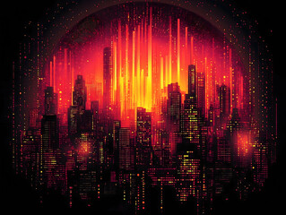 A vibrant skyline with a glow featuring numerous buildings and structures illuminated by bright lights