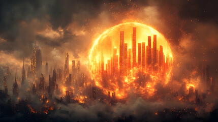 Cityscape enveloped in fiery light Distant buildings shimmer through the haze Towers glow with an orange hue