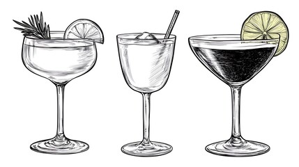 Three hand-drawn cocktail illustrations in different glasses with garnishes
