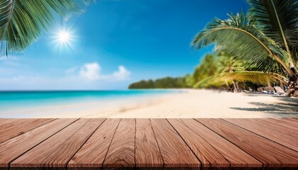 Fototapeta premium wood table top and blurred summer beach with coconut tree and blue sky background can used for display or montage your products