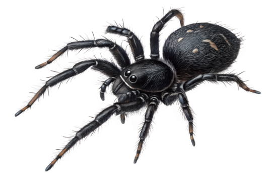 High-resolution image of a realistic black spider isolated on a transparent background. The detailed texture and natural appearance make it ideal for Halloween designs, educational materials, nature i
