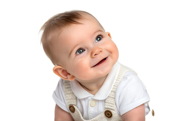 
Realistic and minimalistic photo of an adorable baby &mdash; boy or girl &mdash; with a gentle, sweet smile. The child is presented in a clean, isolated format, perfect for use in baby product ads, parenting blo