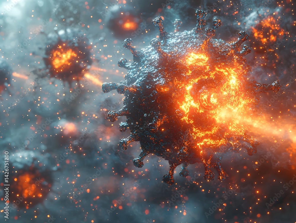 Poster explosive battle between nanobots and a glowing virus particle