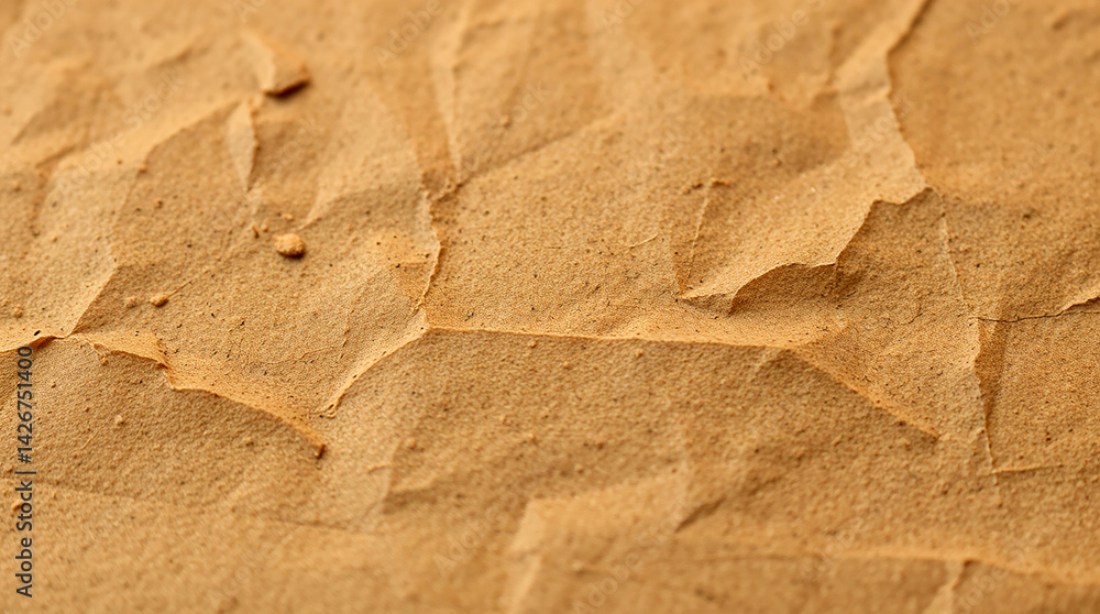 Aufkleber brown paper shows its aged texture with wrinkles. surface displays detail of small crumbs. close up 