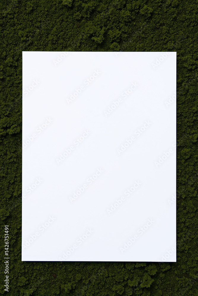 Poster blank white paper sheet lying on green moss. clean empty page on natural textured background. simple