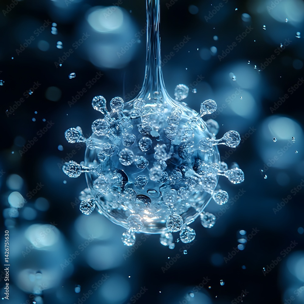 Aufkleber intricate virus particle floating in a droplet of water illuminated by light