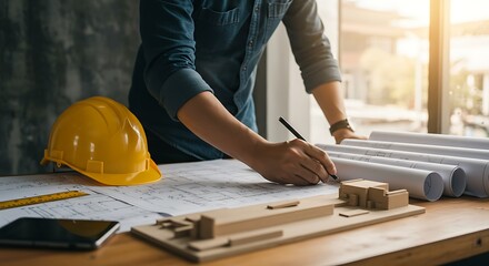 Architect working on blueprint at desk with model and hard hat.