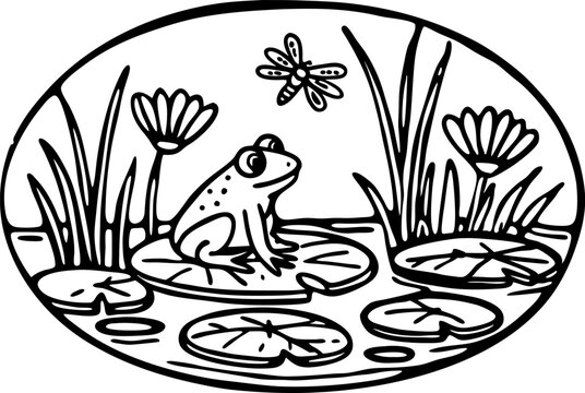 recommend clip art: frog on lily pad in pond line art illustration with dragonfly and water plants in nature