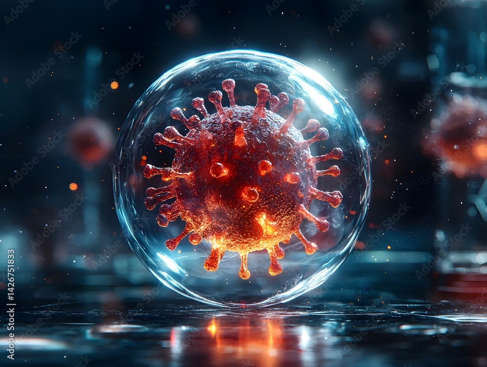Poster glowing virus encapsulated in a bubble symbolizing experimental containment